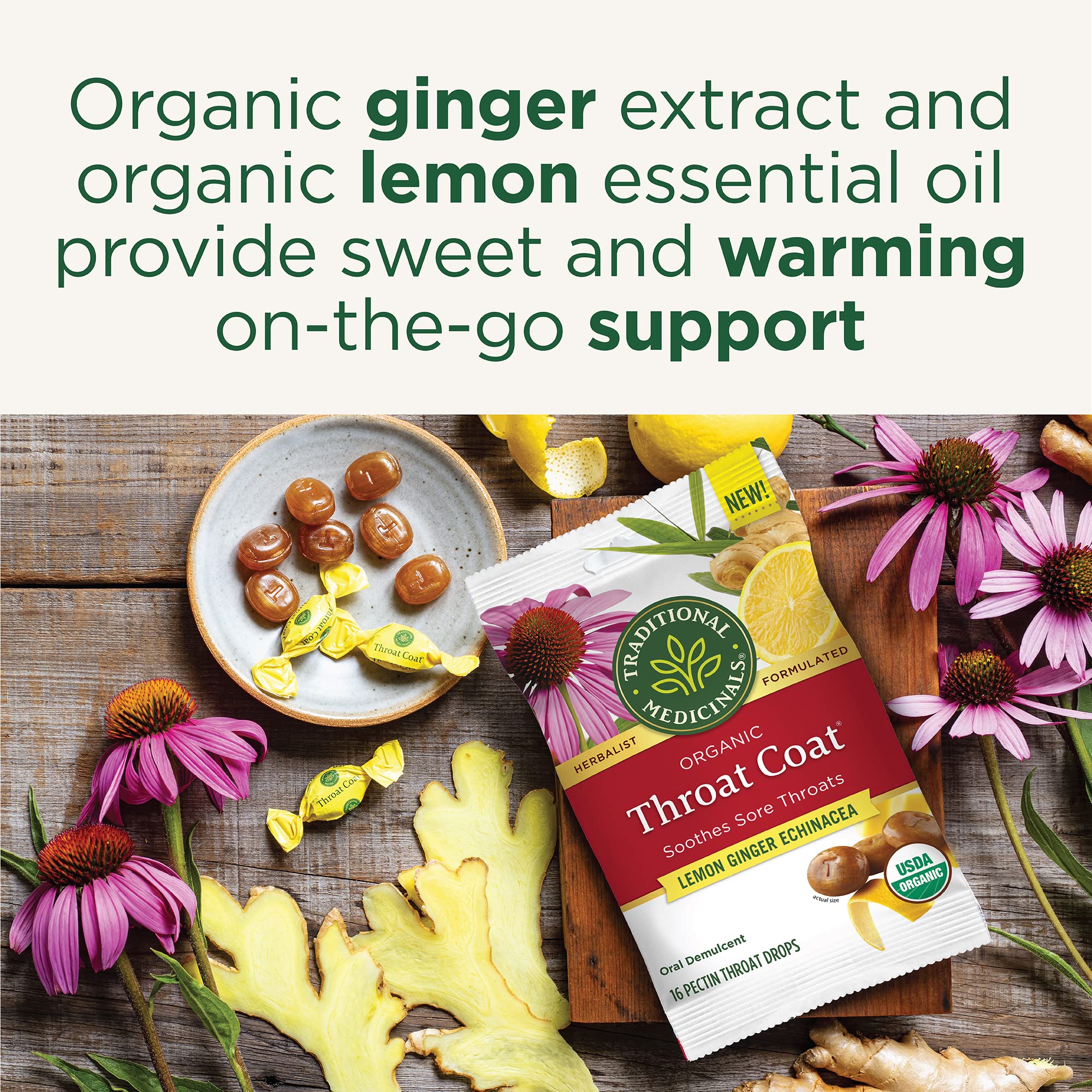 Traditional Medicinals Organic, Throat Coat Lozenges, Lemon Ginger Echinacea - Herbal Cough Drops, Helps Soothe Sore Throat - Non-GMO, Stimulant-Free - 16 Count - Image 3