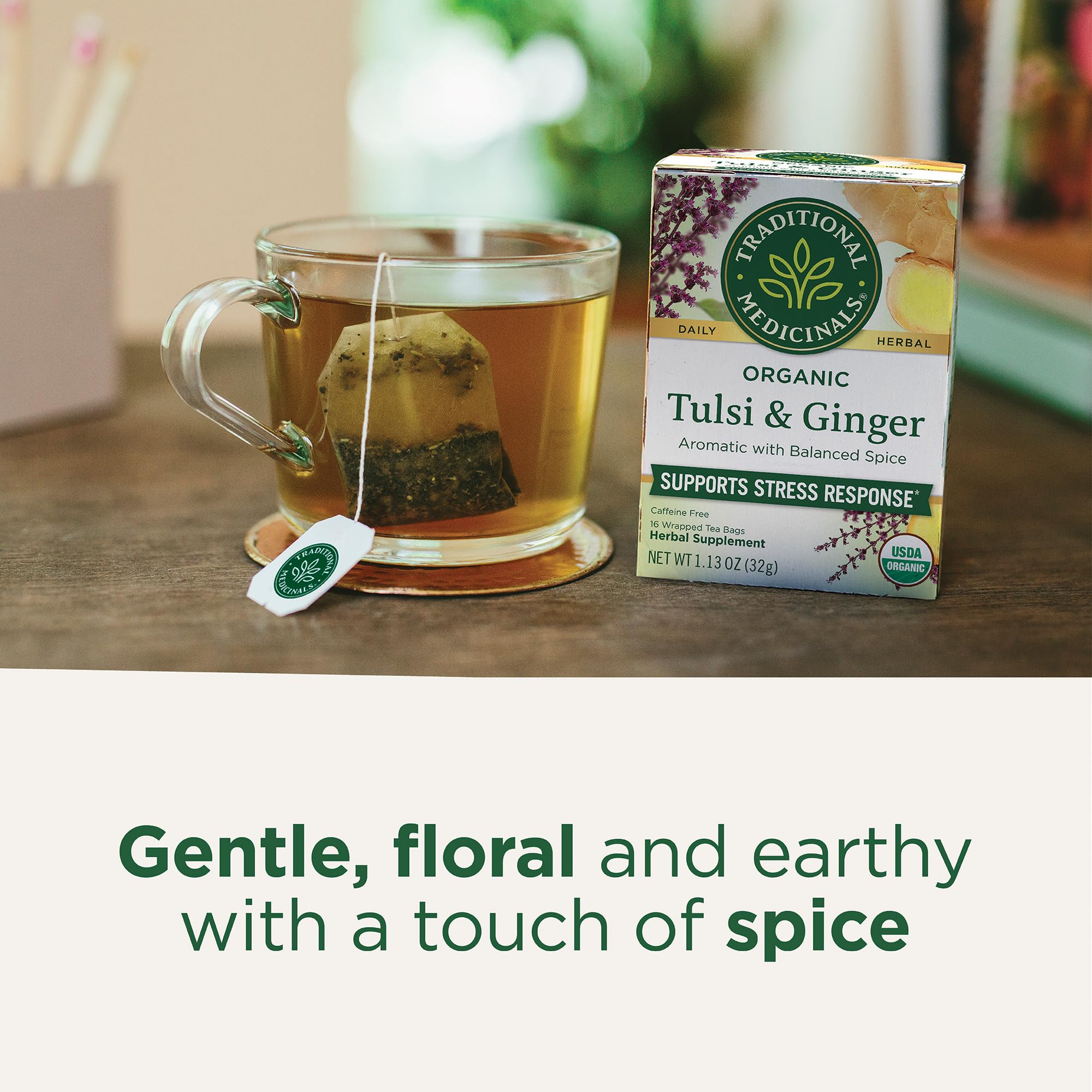 Traditional Medicinals Tea, Organic Tulsi & Ginger, Relieves Stress, Tension, & Irritability, 96 Tea Bags (6 Pack) - Image 3